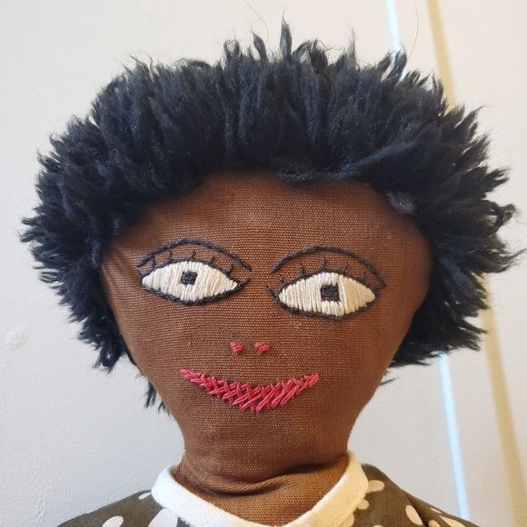 Hand Made Plush Doll with Boho Retro Brown Polka-dot Outfit - Picture 2 of 4